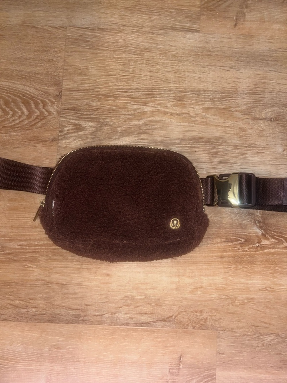 lululemon athletica dark brown sherpa belt bag with gold hardware